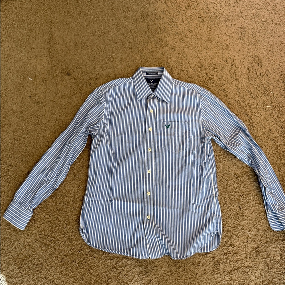 American Eagle Outfitters Blue and White Striped Shirt medium